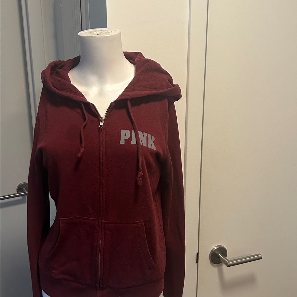PINK Victoria's Secret Women's Dark Red Zip-Up Hoodie